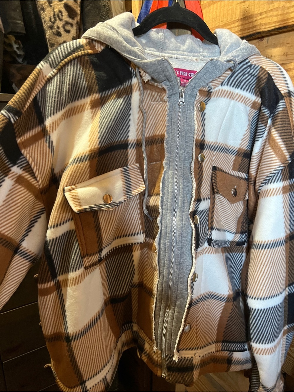 Plaid Hooded Bomber Jacket in Brown & Cream - Unbranded